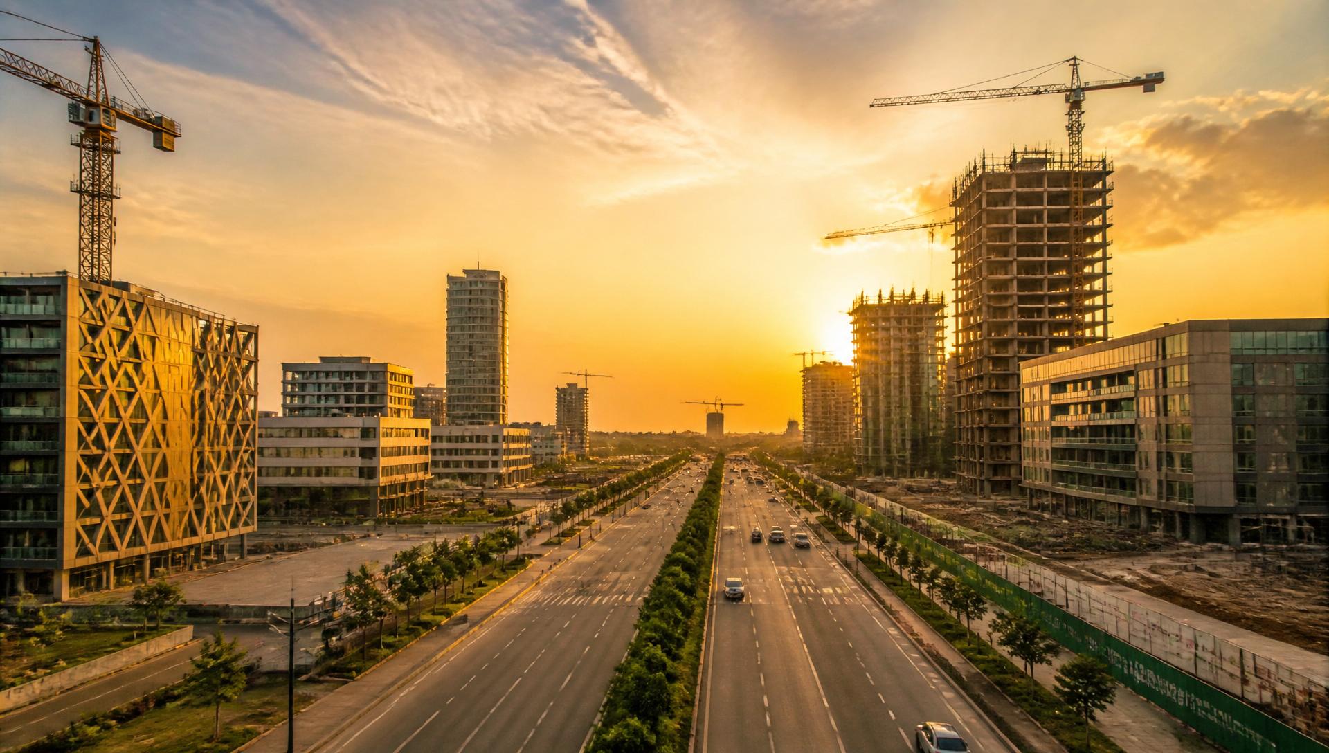 Vue urbaine moderne de Diamniadio au coucher du soleil